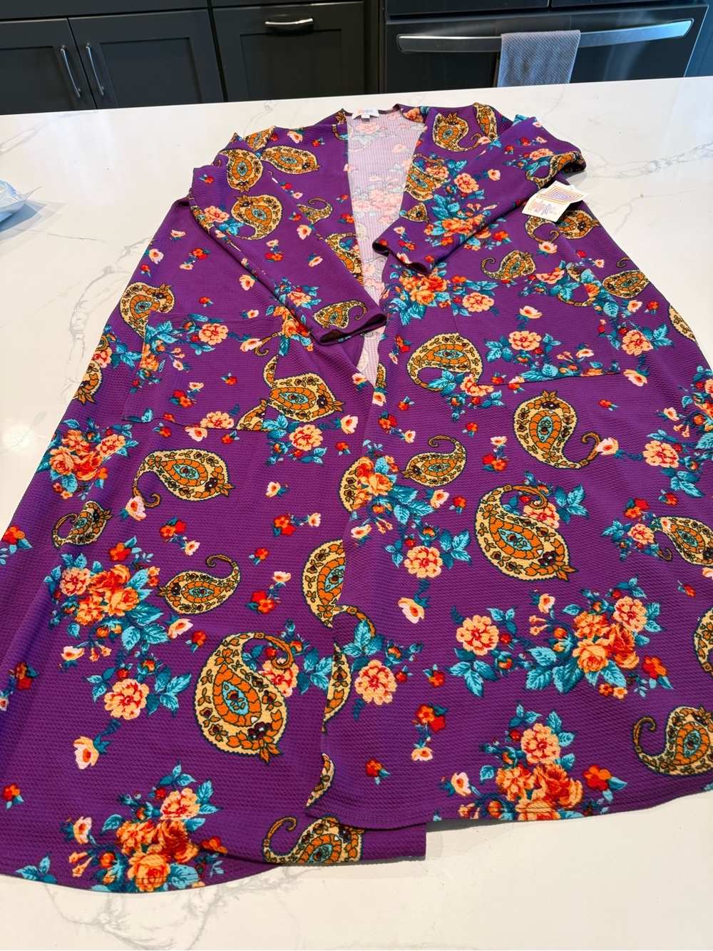 LuLaRoe Sarah Purple Paisley Floral Open Duster with Teal & Orange Accents